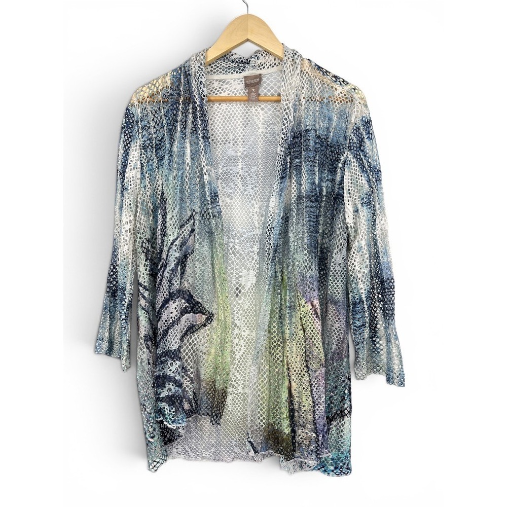 Chicos Blue Abstract Floral Mesh Fishnet Knit Cardigan Size 3 XL‎ Coastal